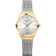 BERING-Armbanduhr mit Champagnergehäuse, weißem Zifferblatt, Minimaldesign und Mesh-Armband.