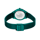Rundt ur med grønt netarmband, bagtilsyn der viser lukkemekanismen.