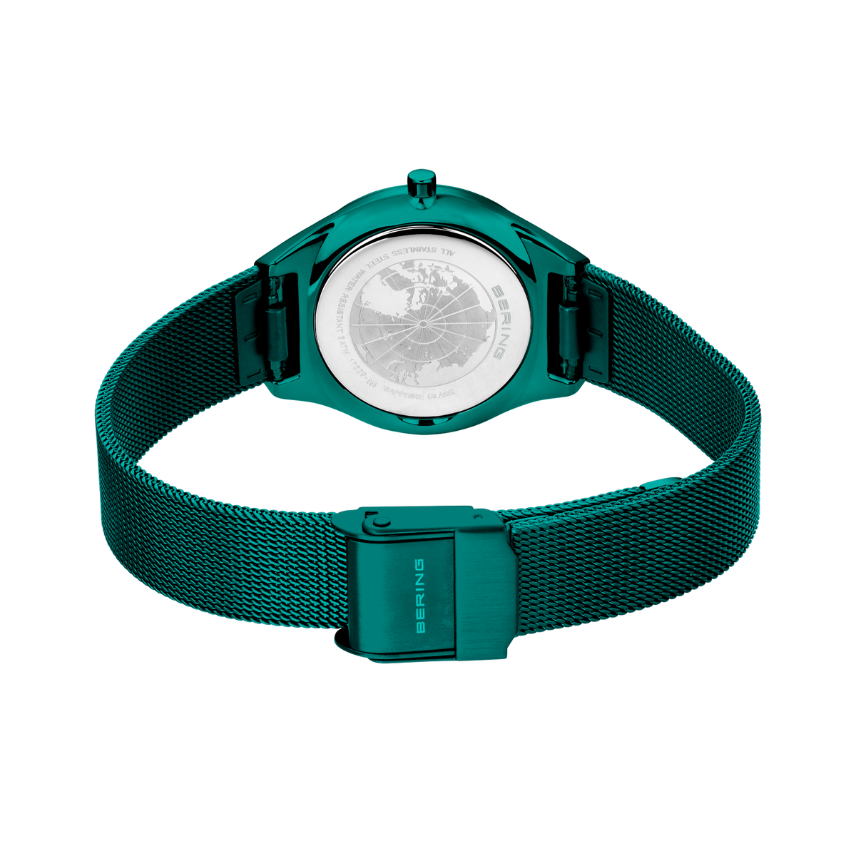 Rundt ur med grønt netarmband, bagtilsyn der viser lukkemekanismen.