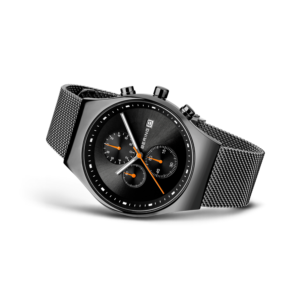BERING kronografisk armbåndsur med sort skive, tre orange-aksent-underskive og mesh-metalrem.