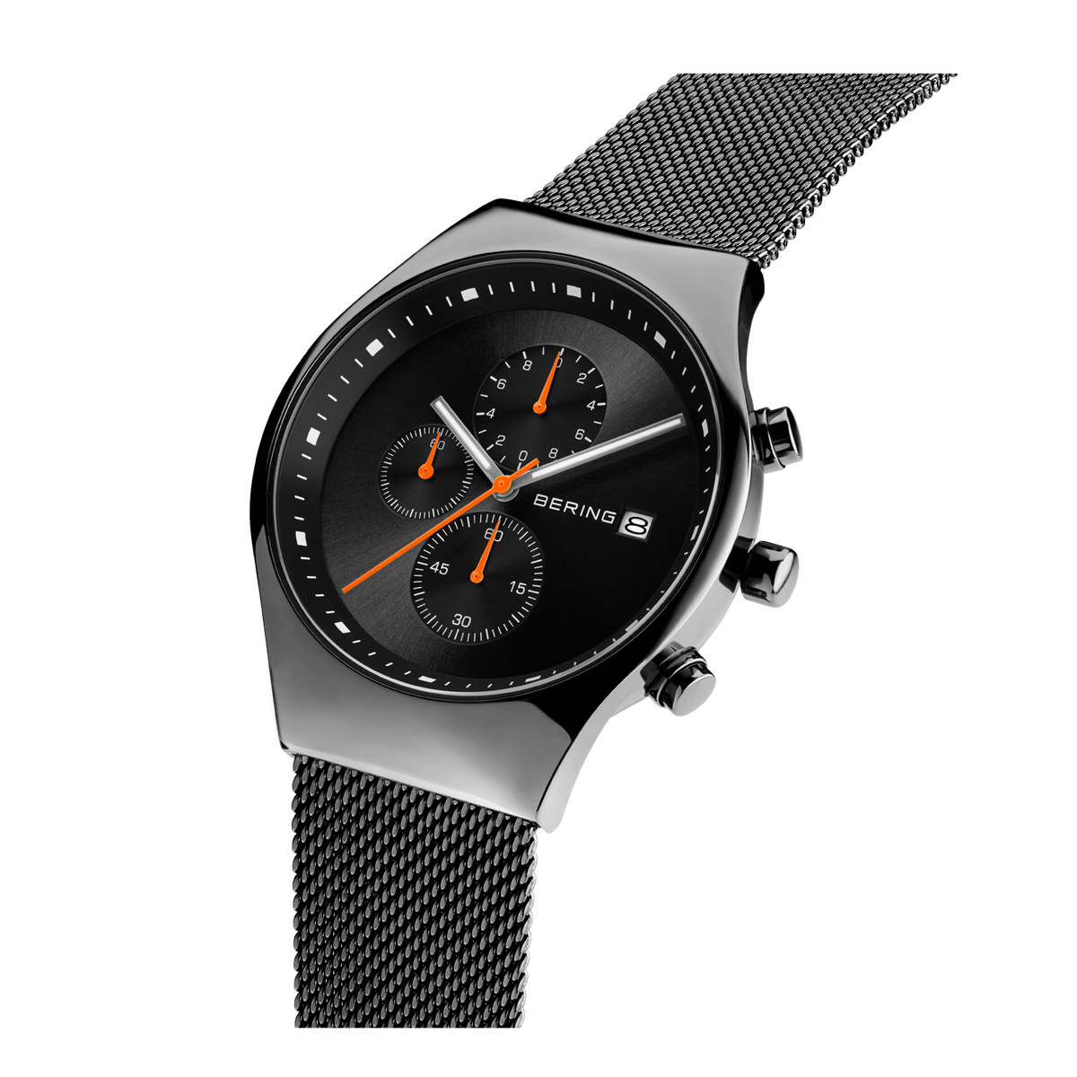 Sort chronografo-ur med orange accenter og mesh-armbånd, set fra siden.