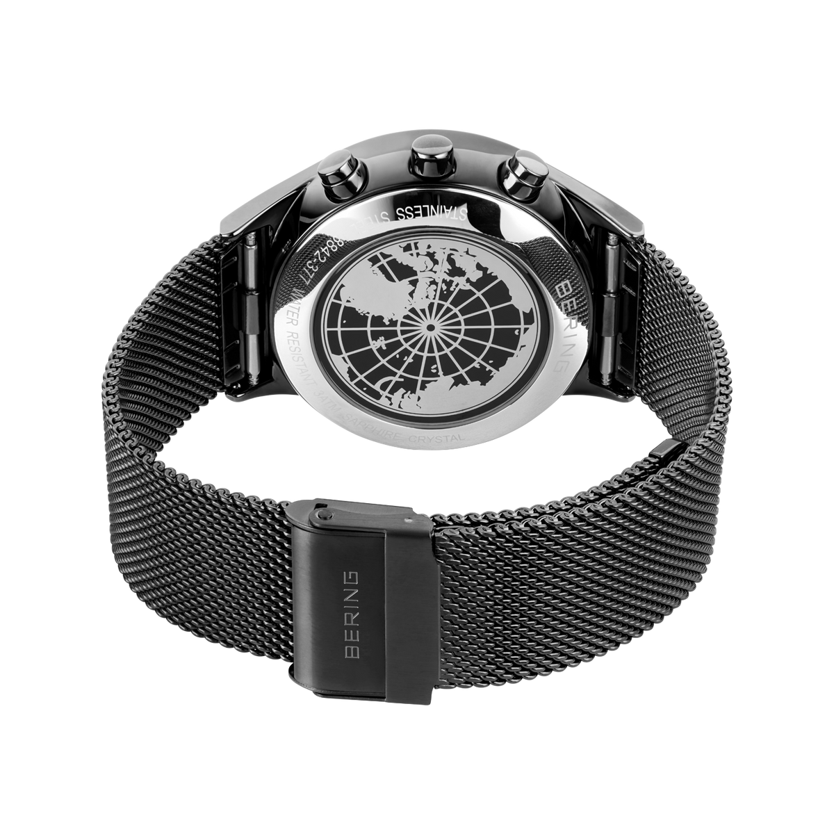 BERING ur med sort mesh-rem og chronografdiske, set ovenfra