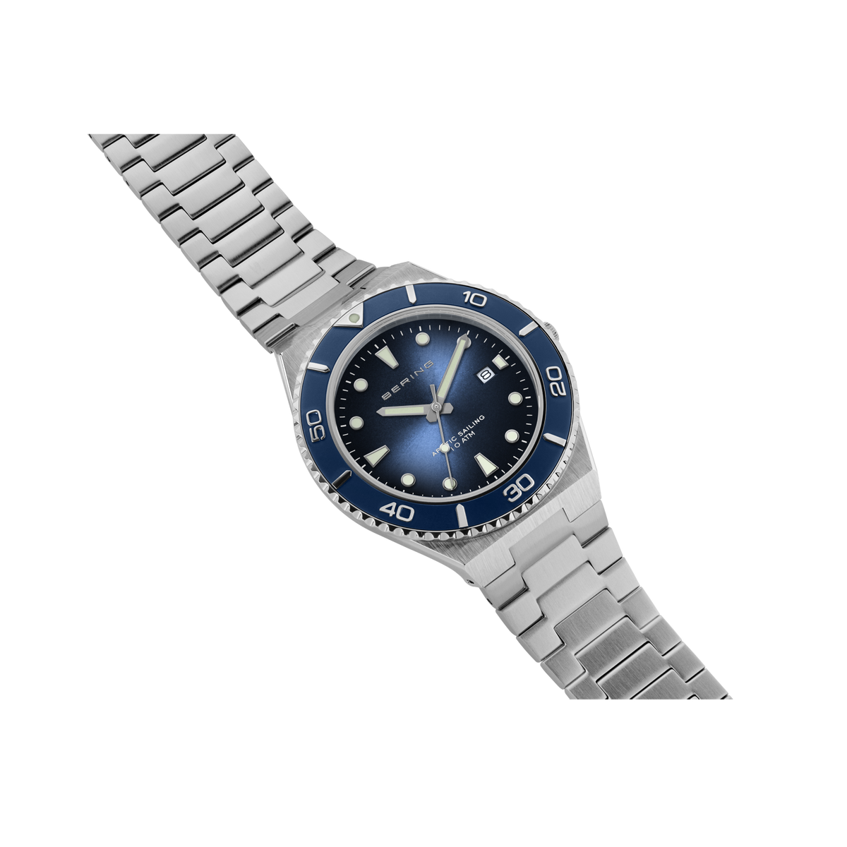 Stainless steel watch with metal link bracelet and dark blue dial