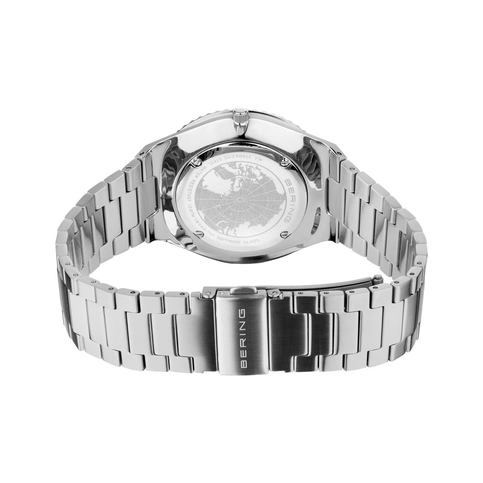 BERING watch, stainless steel band, viewed from the case back with visible branding.