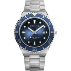 BERING stainless steel watch with dark blue dial, blue bezel, and metal bracelet, front view