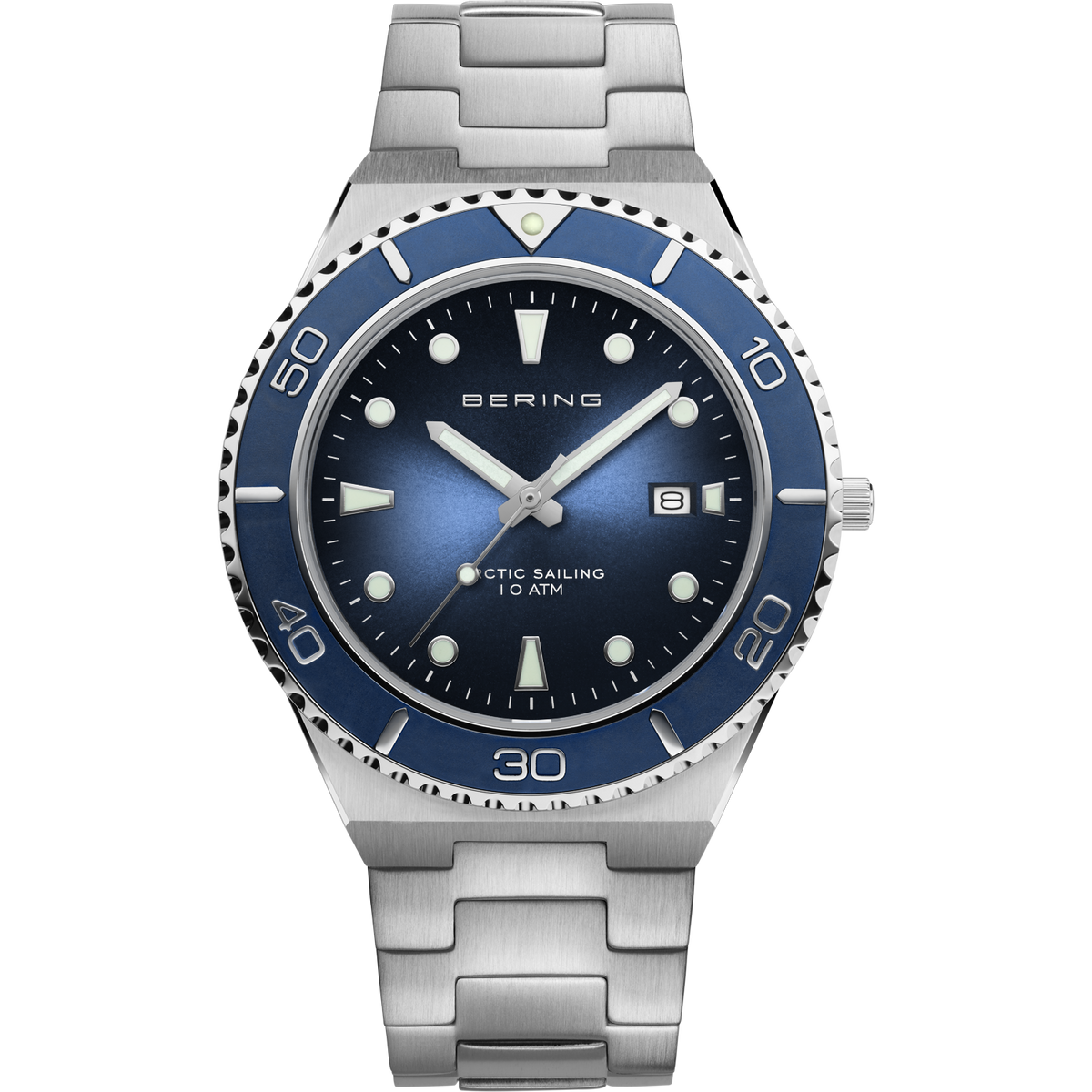 BERING stainless steel watch with dark blue dial, blue bezel, and metal bracelet, front view