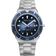 BERING stainless steel watch with dark blue dial, blue bezel, and metal bracelet, front view