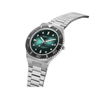 Orologio acciaio inox con quadrante turchese satinato, lunetta nera e braccialetto, vista laterale